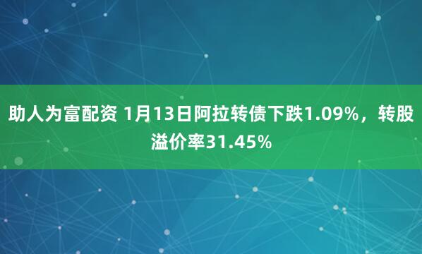 助人为富配资 1月13日阿拉转债下跌1.09%，转股溢价率31.45%